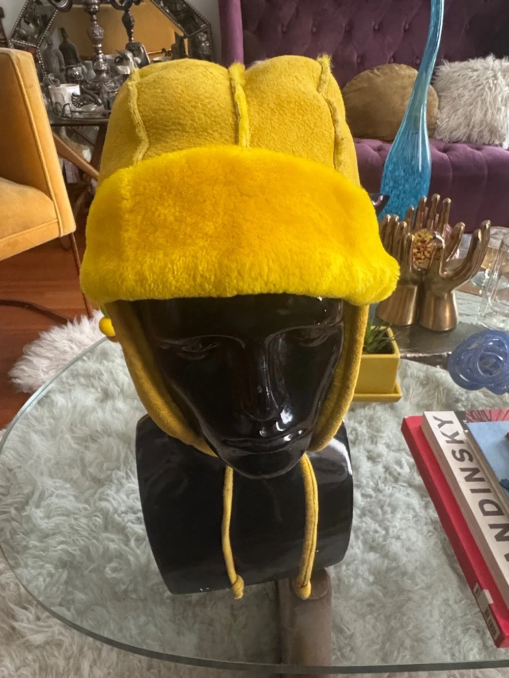 J.Crew Genuine Suede Shearling Trapper Aviator Hat Yellow Fur Lined Vinatge